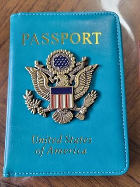 Turquoise Passport Cover with Gold US Emblem.  RFID blocker For Credit Cards